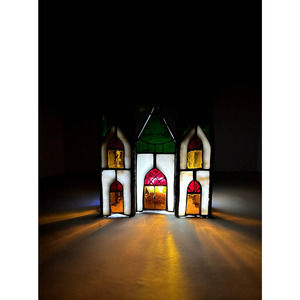 Vintage Tiffany Style Stained Glass Cathedral Church Christmas Tabletop Decor